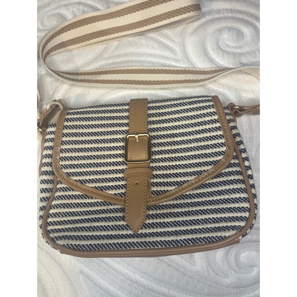 Striped Nautical Crossbody Bag Navy White Tan Woven Saddle Bag Wide Strap